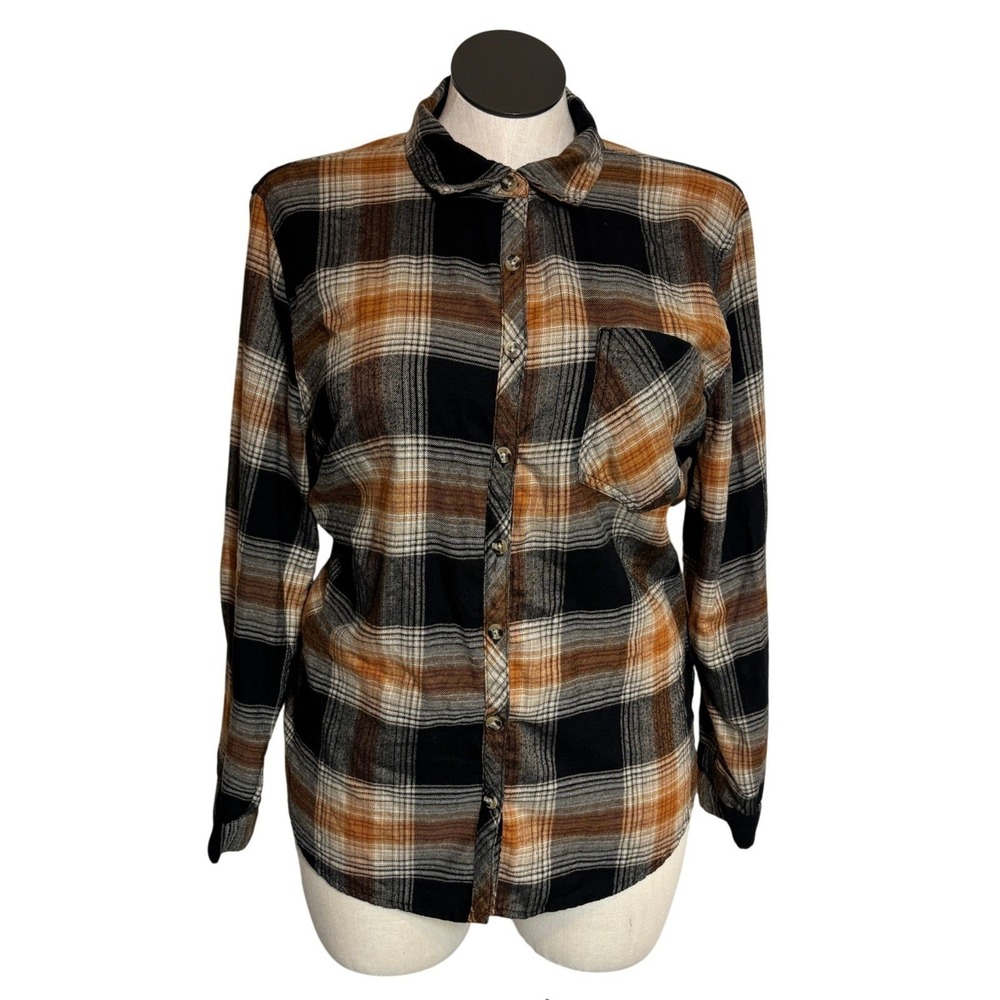 Womens 2X Plaid Button Up Flannel Shirt Long‎ Sleeve Orange Black Brown